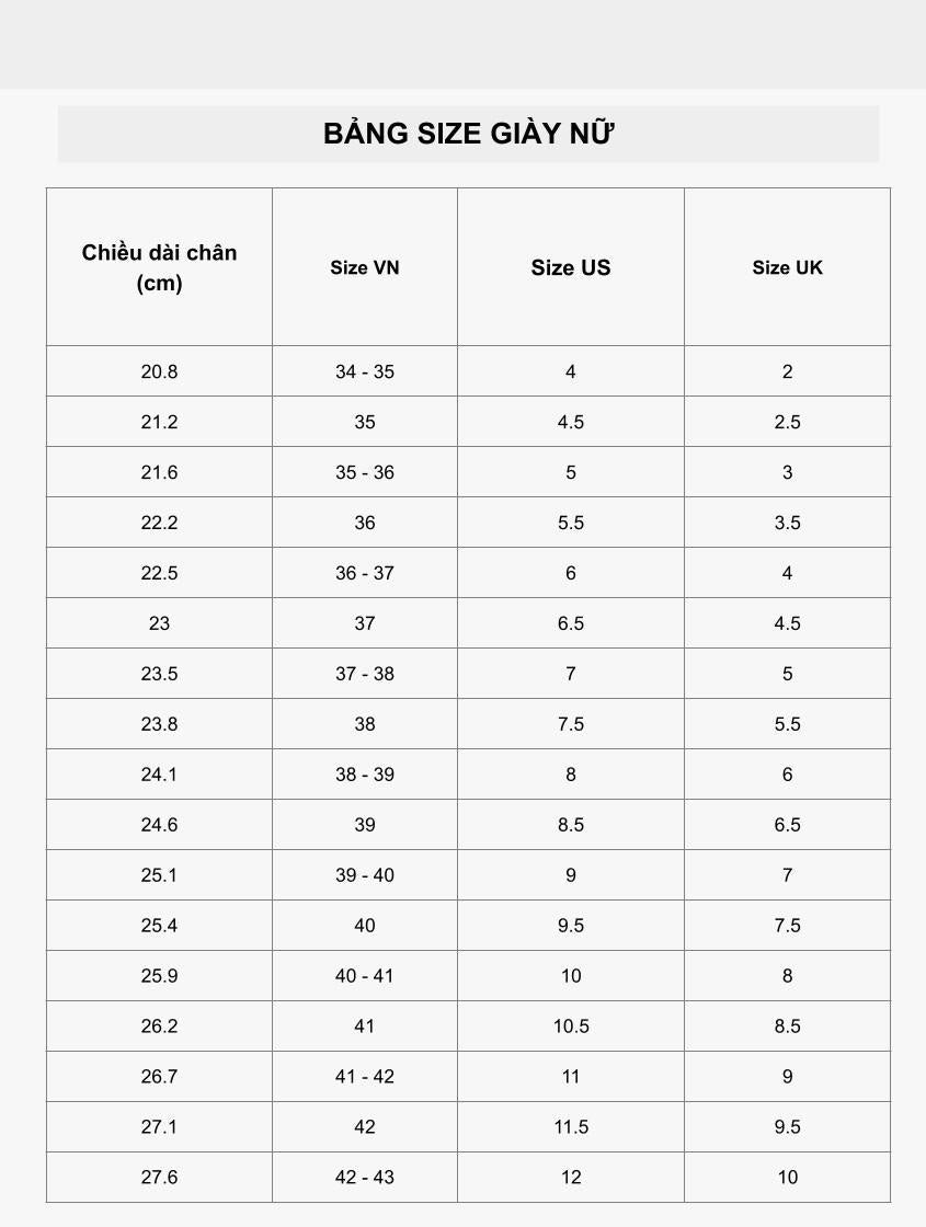 Bảng size giày nữ quy đổi cho chân 23cm
