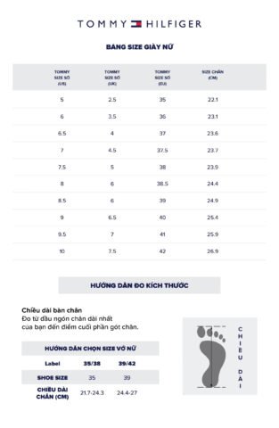 Bảng size giày nữ Tommy Hilfiger chuẩn quốc tế