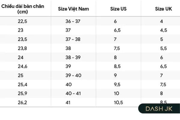 Bảng size giày nữ với chiều dài chân 24cm