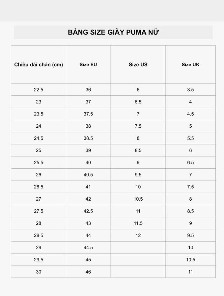 Bảng size giày Puma dành cho nữ, cung cấp thông tin chi tiết để phái đẹp có chiều dài bàn chân 24cm chọn đúng size
