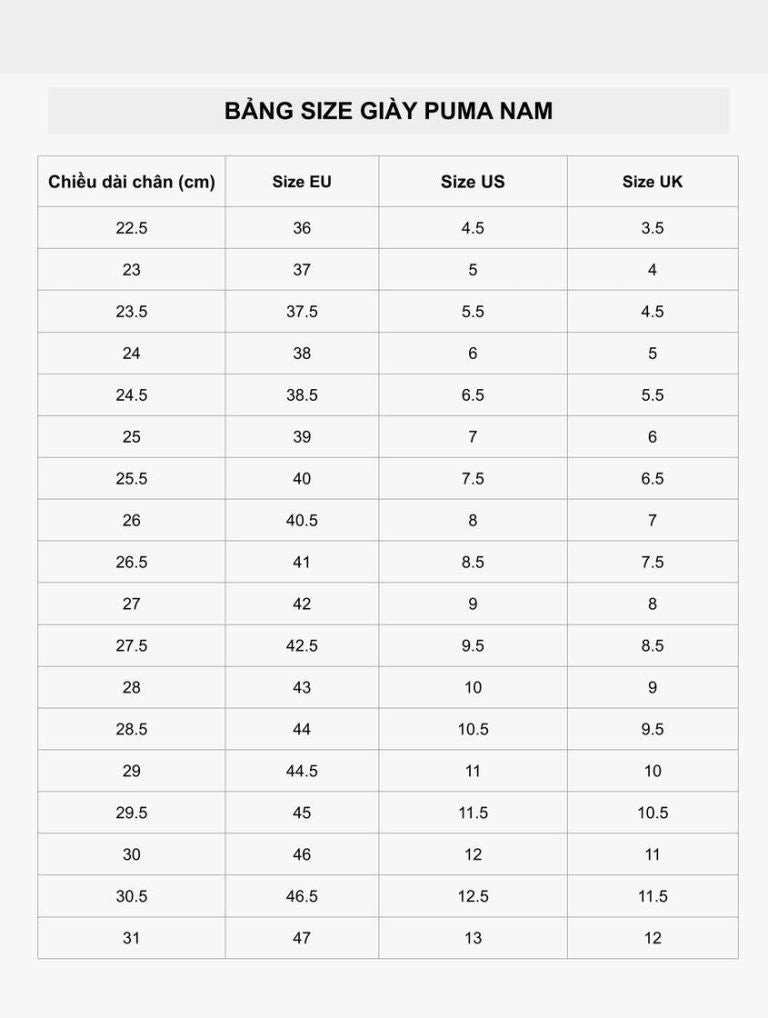 Bảng size giày Puma nam, cung cấp thông tin để nam giới có chân dài 24cm chọn size Puma