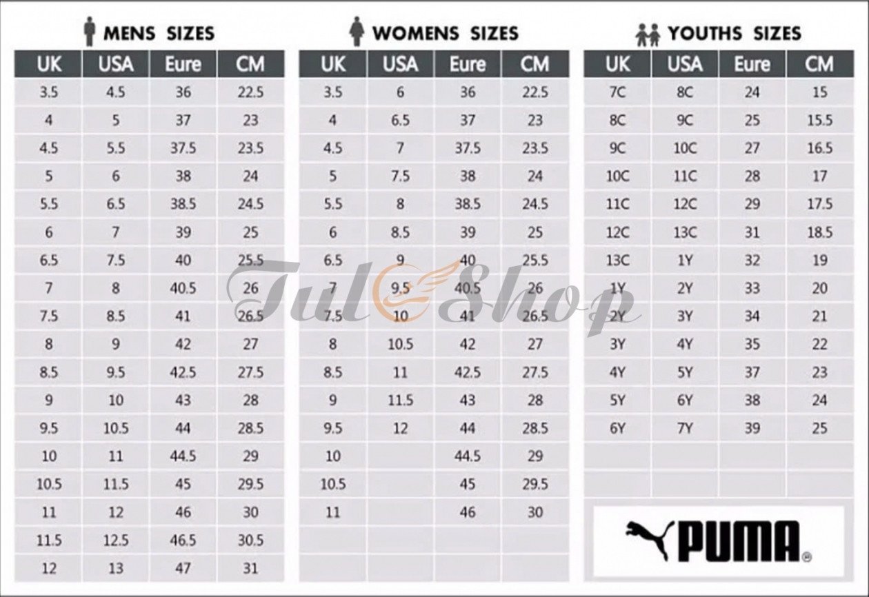 Bảng size giày Puma với thông tin quy đổi rõ ràng