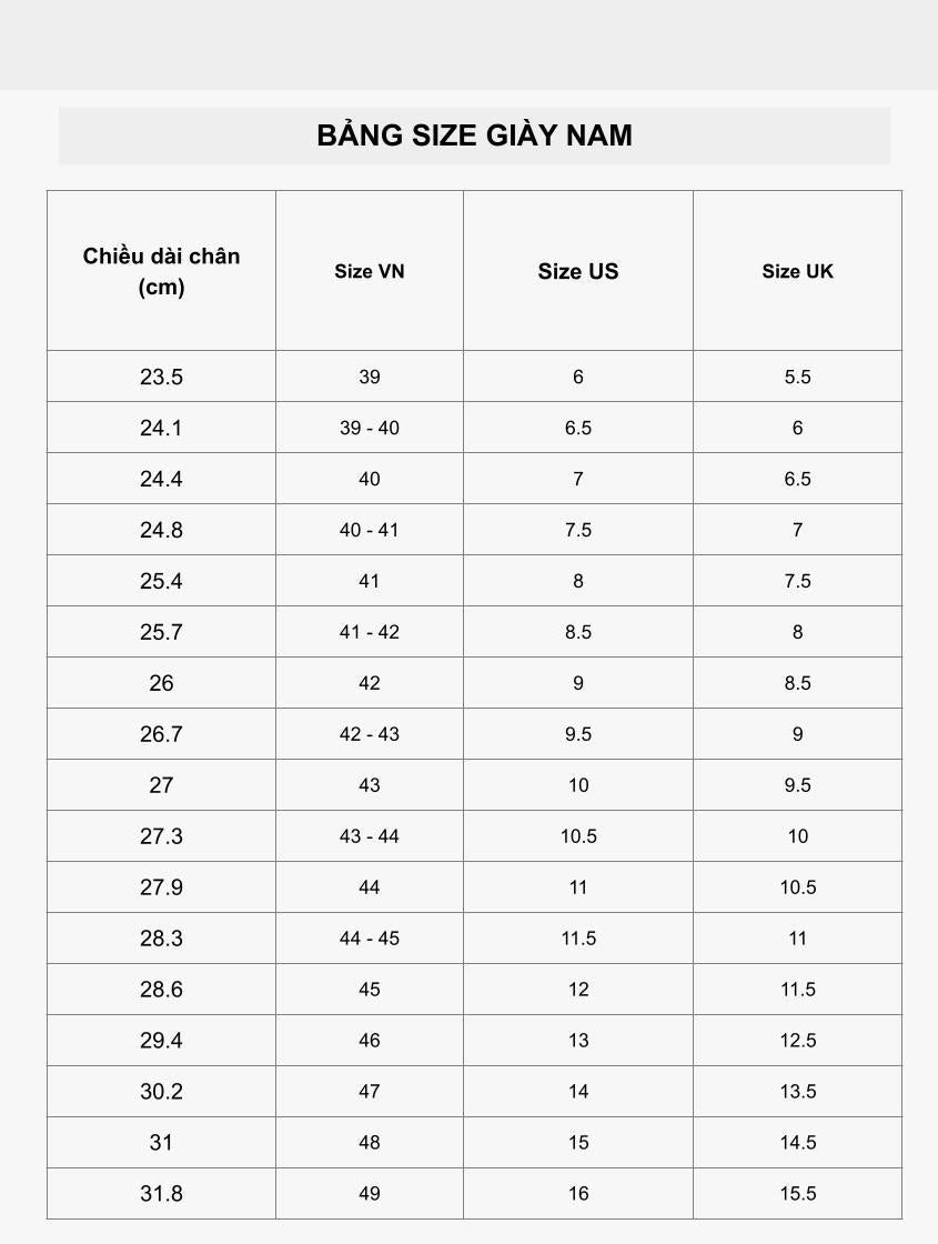 Bảng size giày quốc tế cho nam, giúp tìm size cho chân 26cm