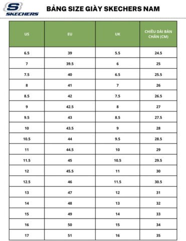 Bảng size giày Skechers dành cho nam giúp chọn size phù hợp
