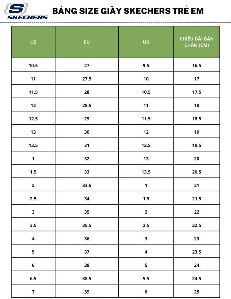 bảng size giày Skechers trẻ em chi tiết