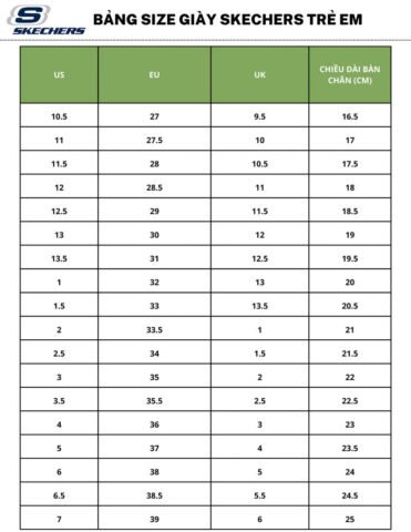 bảng size giày Skechers trẻ em