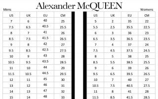 Bảng size giày sneaker Alexander McQueen cho từng bộ sưu tập