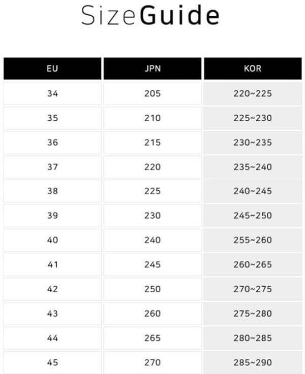 Bảng size giày sneaker Domba Hàn Quốc