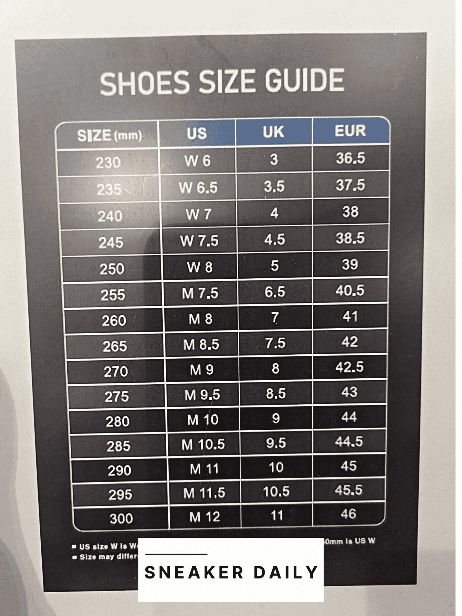 Bảng size giày sneaker MLB cho các dòng sản phẩm