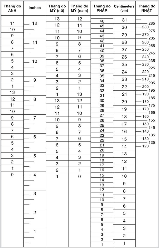 Bảng size giày thể thao nam quy đổi từ chiều dài bàn chân
