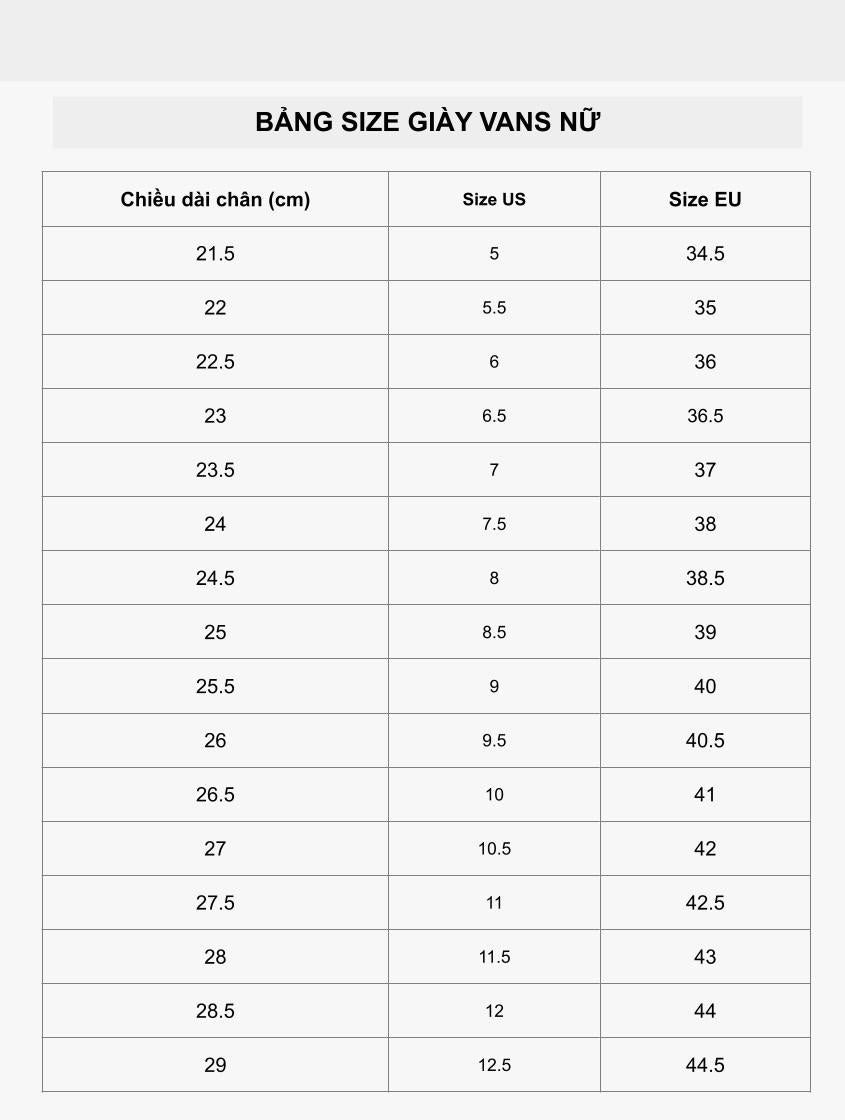 Bảng size giày thể thao Vans nữ theo chuẩn quốc tế