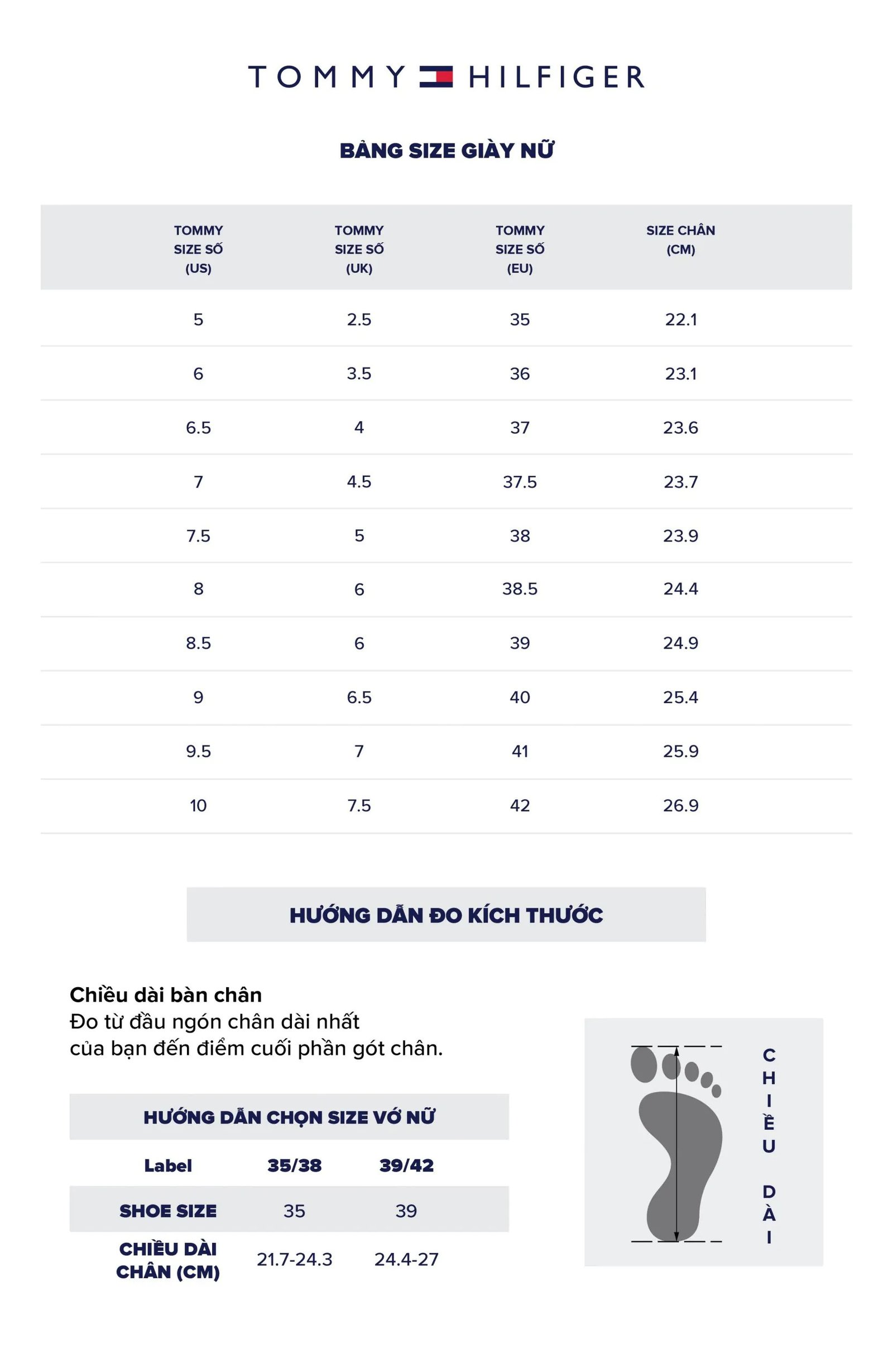 Bảng size giày Tommy Hilfiger nữ chi tiết để chọn đúng cỡ chân