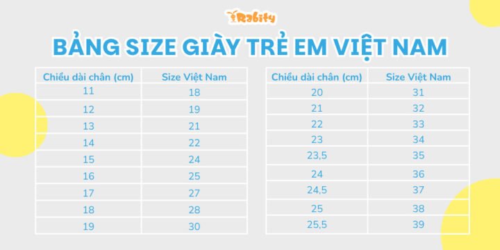 Bảng size giày trẻ em theo chiều dài bàn chân