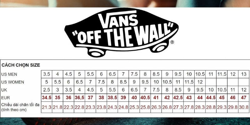 Bảng size giày Vans cho giới trẻ năng động