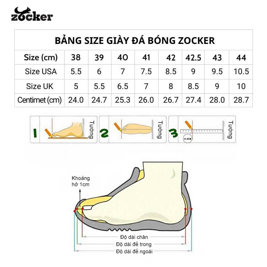 Bảng size giày Zocker dành cho các loại giày bóng đá, giúp người dùng lựa chọn kích thước phù hợp