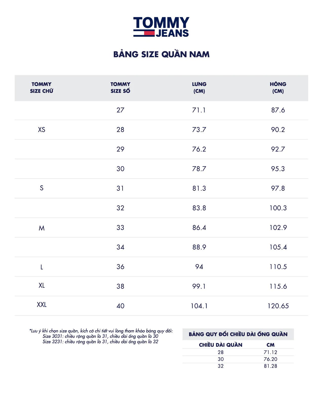 Bảng size quần jean Tommy nam Hilfiger tiêu chuẩn quốc tế, chi tiết các số đo vòng eo và hông