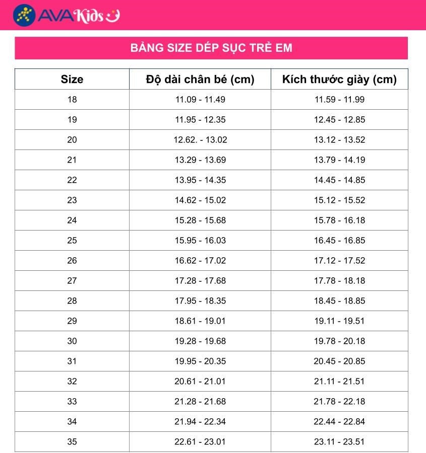 Bảng size quy đổi dành riêng cho dép sục trẻ em, hỗ trợ chọn dép sục chuẩn cho bé có chân 14cm.
