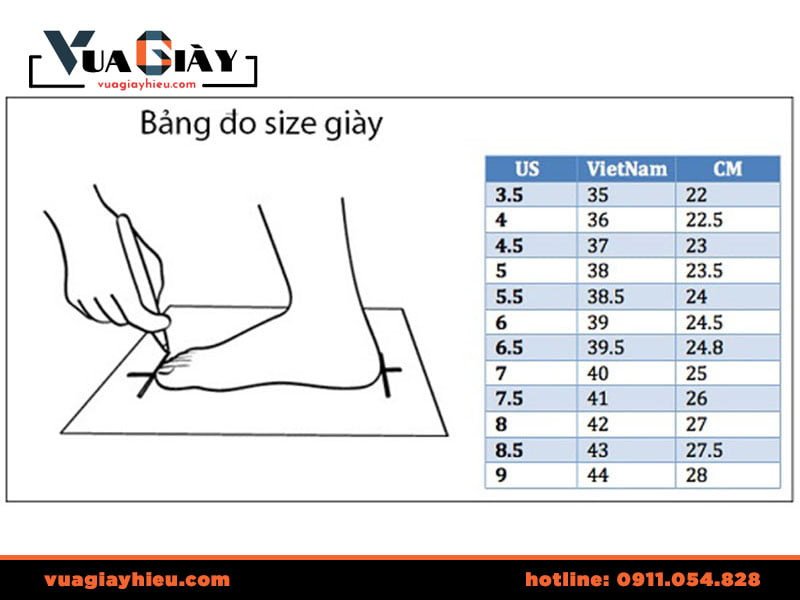 Bảng tham khảo kích thước giày LV Trainer dựa trên chiều dài bàn chân người Việt