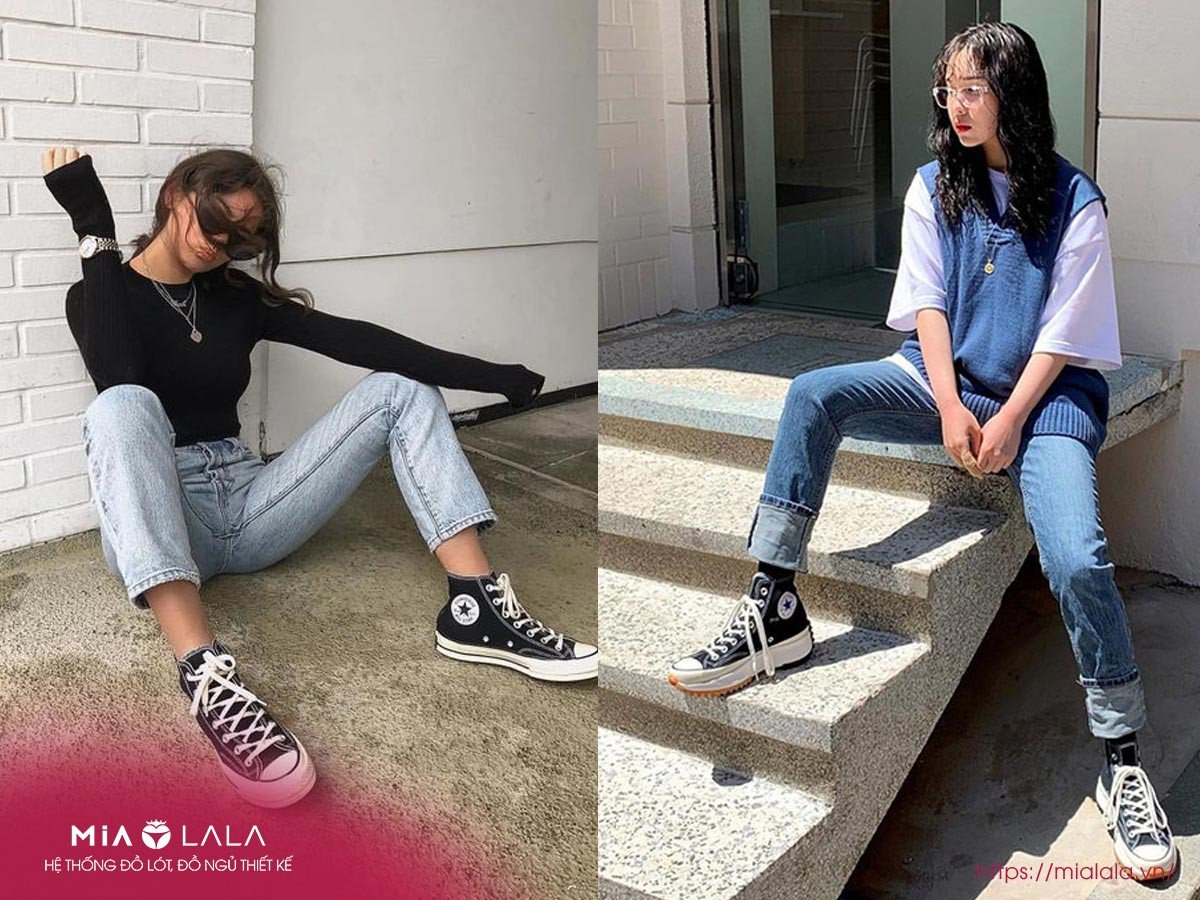 Bộ đôi Converse và quần baggy jean nữ phù hợp để diện đi học, đi làm hay đi chơi