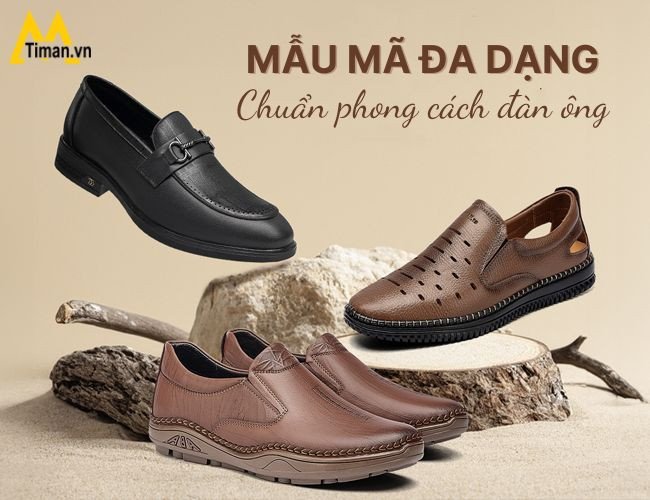 Bộ sưu tập mẫu giày lười nam đa dạng phong cách, từ cổ điển đến hiện đại, trưng bày trên kệ cửa hàng thời trang.