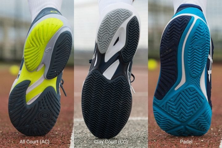 Các loại đế ngoài của giày ASICS tennis phù hợp với từng loại sân khác nhau, cần lưu ý khi chọn size giày ASICS tennis.