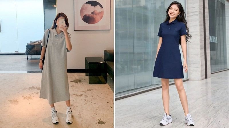 Cách phối đồ với giày thể thao cùng đầm suông trơn màu tinh tế