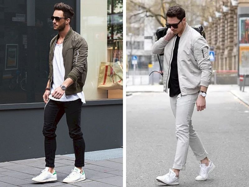 Cách phối đồ với giày thể thao nam Adidas Stan Smith cùng áo bomber và quần kaki