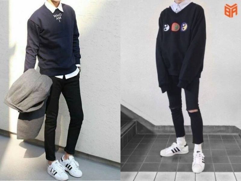 Cách phối đồ với giày thể thao nam Adidas Stan Smith cùng áo sweater và quần kaki
