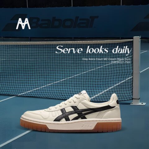 Cận cảnh chi tiết giày thể thao Asics Court MZ Cream Black Gum với đế gum độc đáo