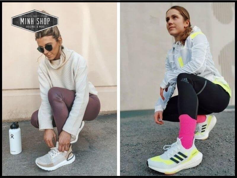 Cận cảnh phần thân Primeknit co giãn của giày Adidas Ultra Boost, ôm sát bàn chân