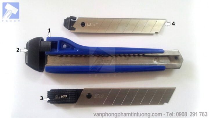 Cấu tạo tổng thể của dao rọc giấy SDI 0404 với các bộ phận chính được đánh dấu rõ ràng
