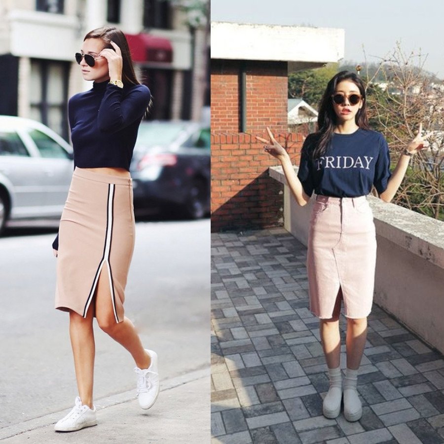 Chân váy bút chì kết hợp giày sneaker cho cô nàng công sở sành điệu