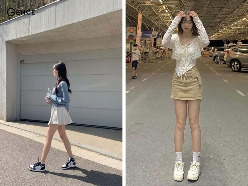 Chân váy ngắn nữ tính kết hợp với giày Jordan nữ