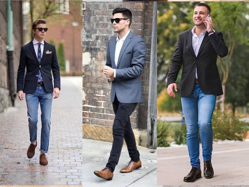 Chàng trai diện quần jean xám và giày Oxford đen lịch lãm