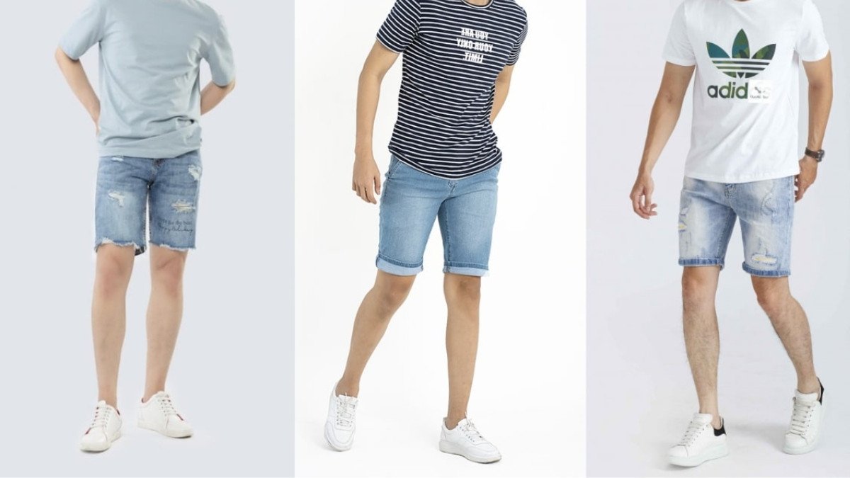 Chàng trai mặc áo phông trắng, quần short jean xanh và giày sneaker màu xanh tím