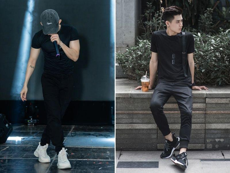 Chàng trai mặc áo thun đen, quần jogger đen và giày Bitis Hunter đen, thể hiện phong cách đơn giản nhưng đầy cá tính