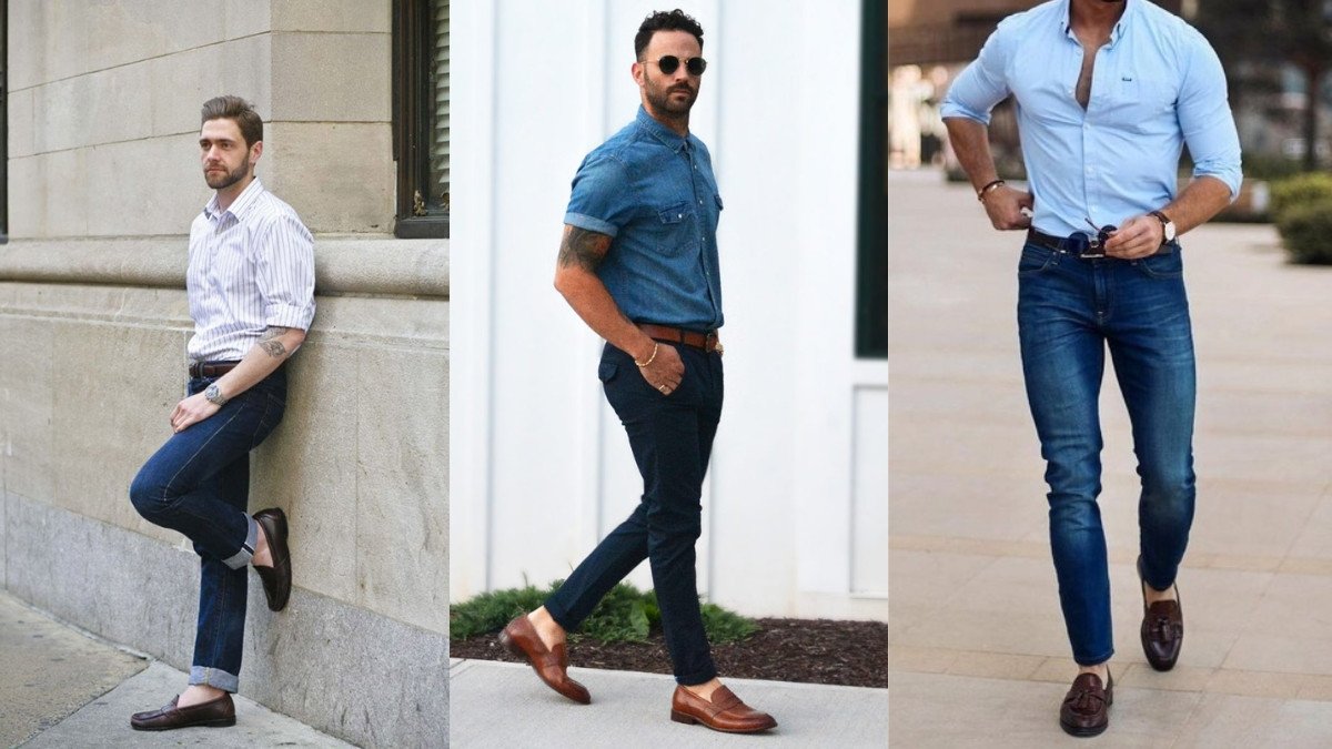 Chàng trai mặc quần jean ống đứng màu xanh, áo thun trắng và giày sneaker lười trắng