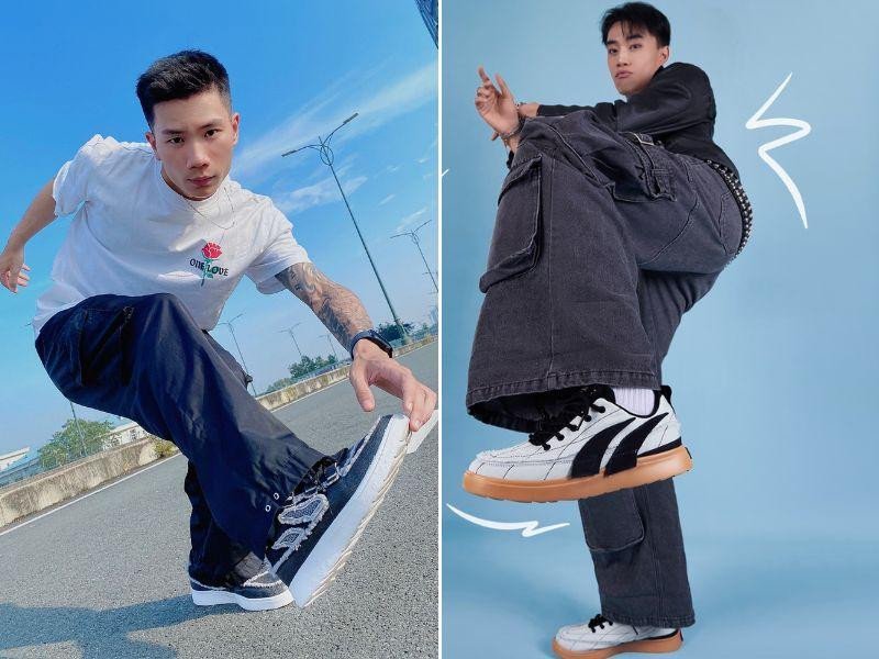 Chàng trai mặc quần túi hộp màu be, áo thun trắng và giày Bitis Hunter trắng, thể hiện phong cách cá tính, bụi bặm
