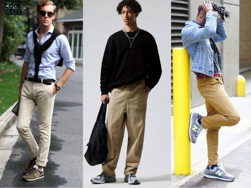 Chàng trai sành điệu mix giày New Balance nam trắng với quần kaki màu be và áo len, mang đến vẻ ngoài thanh lịch.
