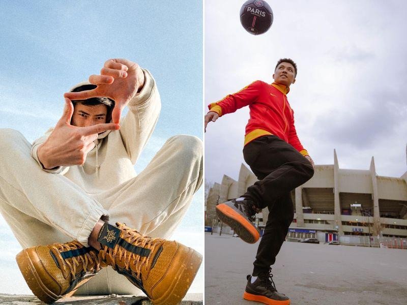 Chàng trai trong quần jogger đen, áo thun xám và giày Bitis Hunter trắng, tạo nên vẻ ngoài năng động, chuẩn phong cách streetstyle