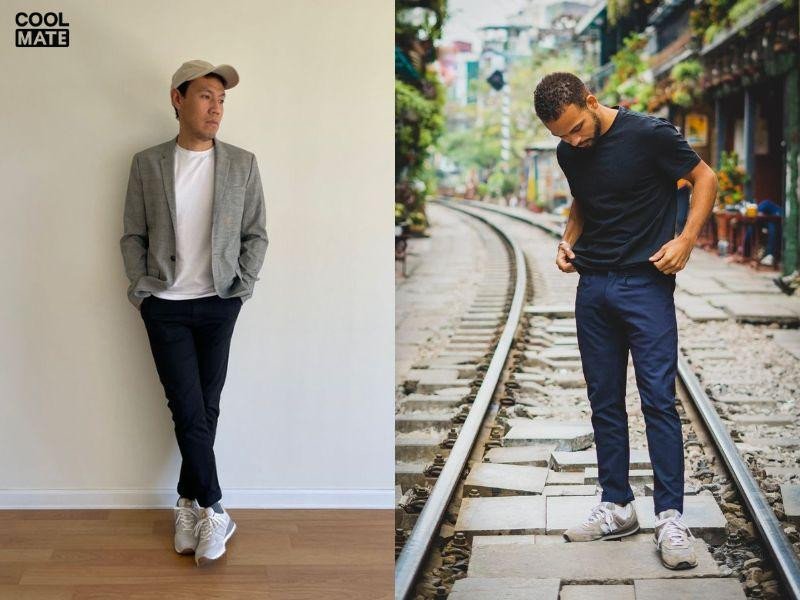 Chàng trai với phong cách thời trang khác biệt khi phối giày New Balance nam với quần skinny jean và áo khoác bomber.