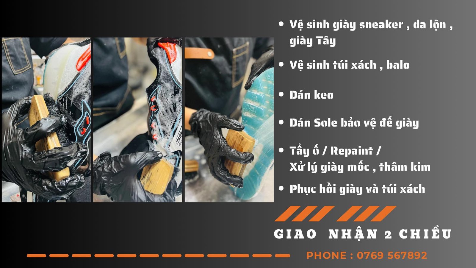 Chuyên gia đang chăm sóc giày tại tiệm spa giày thể thao