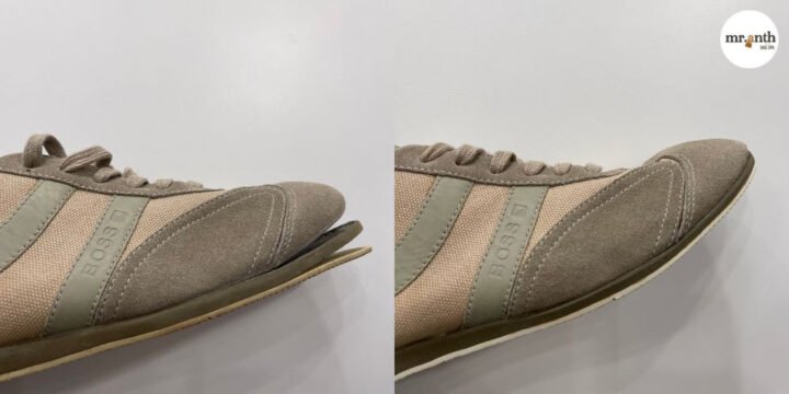 Chuyên viên đang kiểm tra một đôi giày sneaker cần sửa chữa tại Bình Thạnh
