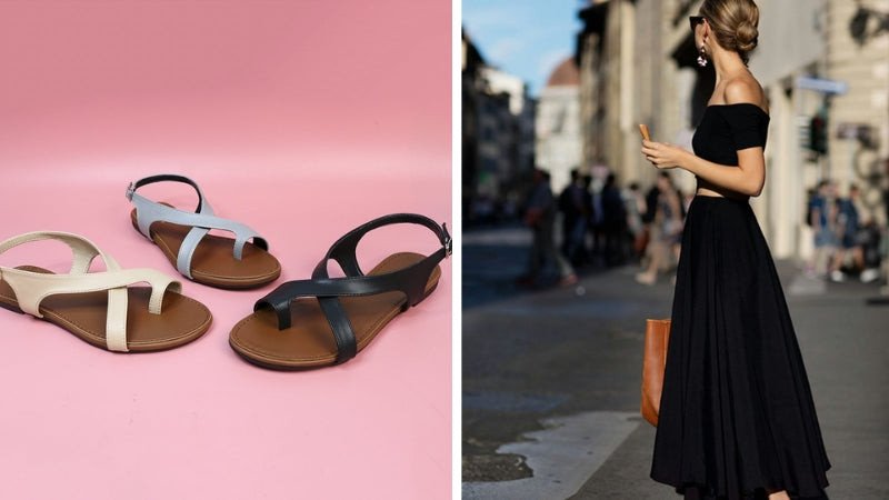 Cô gái đi dạo biển với chân váy xòe và giày xỏ ngón thoải mái