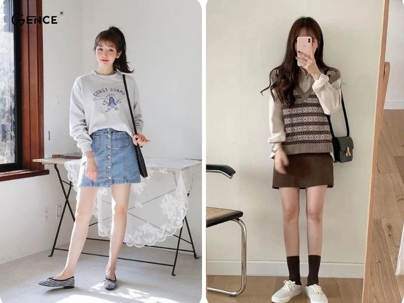 Cô gái diện chân váy ngắn kẻ caro, áo thun trắng và giày lười nữ đen, phong cách phối đồ với giày lười nữ năng động