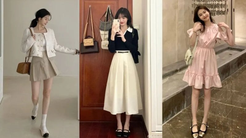 Cô gái diện chân váy xòe midi xanh pastel cùng giày đế bệt trắng đơn giản