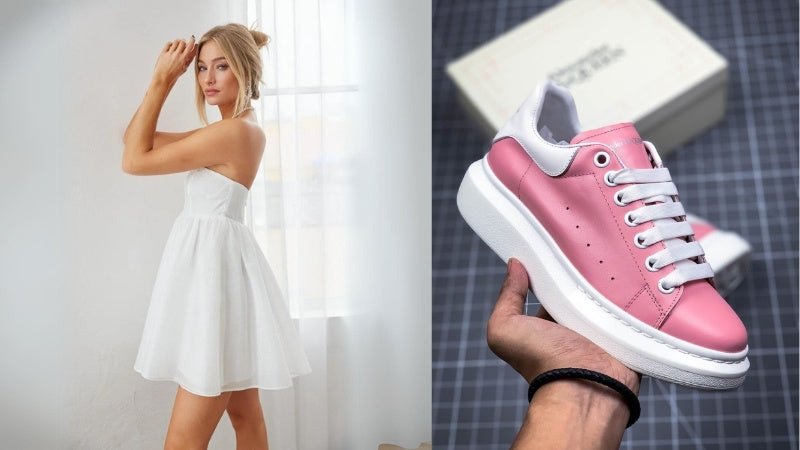 Cô gái diện váy babydoll trắng và giày sneaker hồng pastel