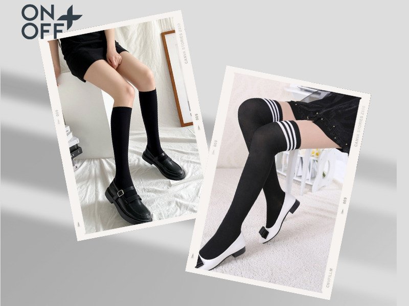 Cô gái diện vớ dài tới gối màu trắng kết hợp với giày búp bê đỏ nổi bật