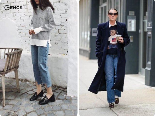 Cô gái mặc áo sơ mi kẻ sọc, quần jean xanh và giày lười đen, thể hiện cách phối đồ với giày lười nữ trẻ trung