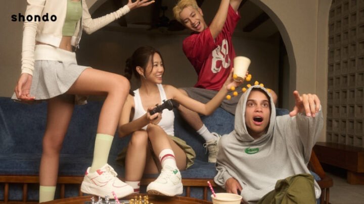 Cô gái mặc chân váy xòe họa tiết hoa với giày thể thao trắng năng động